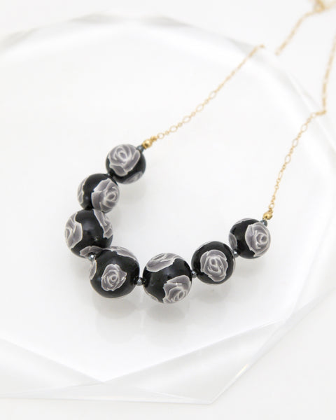 Colorful Flower Pattern Necklace Black Rose Handcrafted in Japan