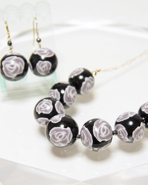 Colorful Flower Pattern Necklace Black Rose Handcrafted in Japan