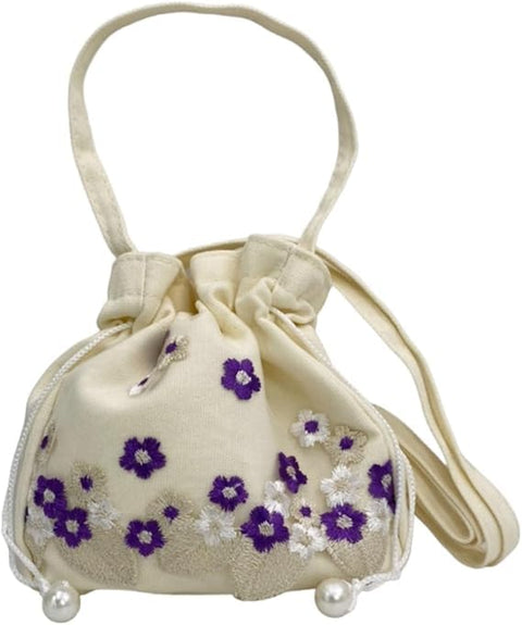 Liebendo Drawstring Bag, Shoulder Bag, Handbag, 2-Way, Drawstring Pouch, Pochette, Embroidery, Floral Pattern, Yukata, Kimono, Summer Festival, Handbag, Lightweight, Crossbody Hanging, Boho