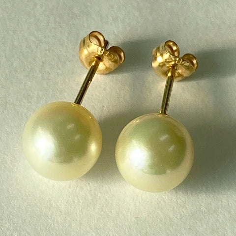 高品質日本AKOYA珍珠耳環/珍珠直徑8mm 日規18K金配件 檸檬黃