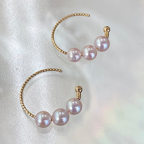 Baby size beads of Akoya pearl hoop earrings/Diameter 4mm white triple beads with Japanese standard 18K gold earrings