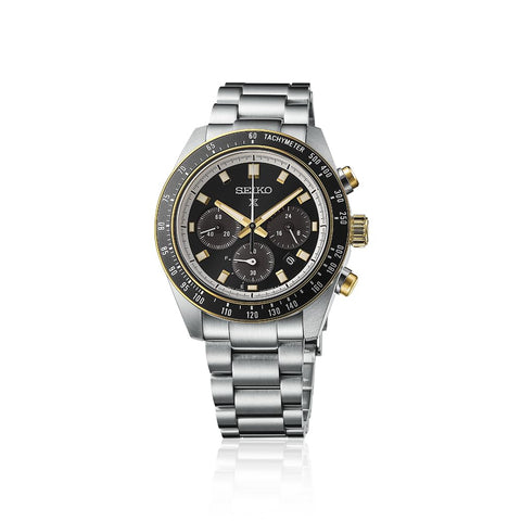 Seiko 精工手表 Prospex SPEEDTIMER 太阳能计时码表 Large, 表壳:银色&金色/表盘:黑色, 手链类型