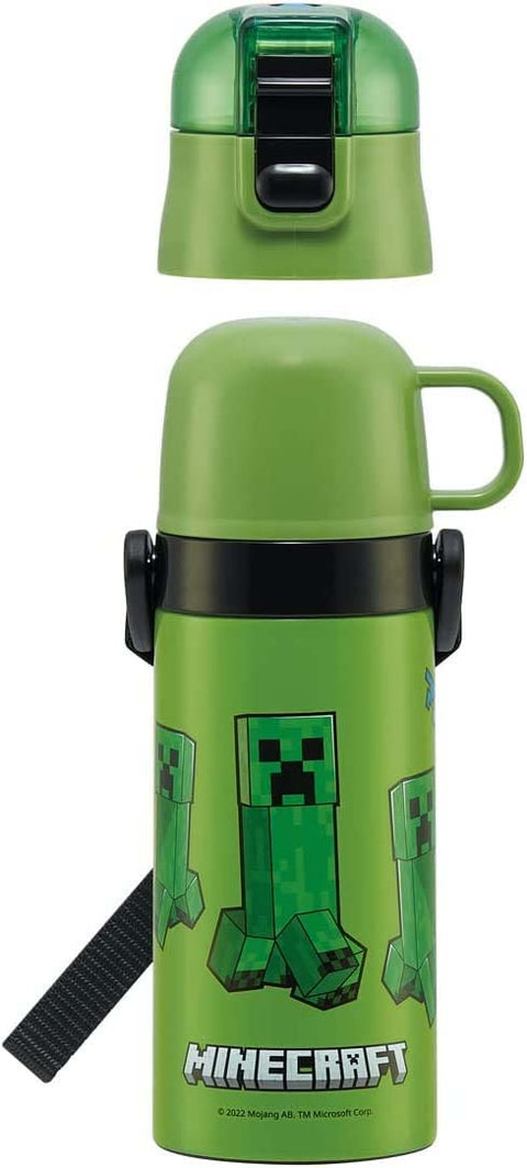 Skater SKDC3-A Children's Stainless Steel Water Bottle, 2-Way Direct Drinking, 14.2 fl oz (420 ml), Cup Drinking, 11.8 fl oz (350 ml), Minecraft, Lightweight Type, For Boys, Heat Retention, Cold