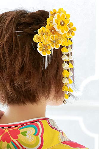 Soubien kaz5534sn-3371 Hair Ornament, Coming-of-Age Ceremony, Graduation Ceremony, 2-Piece Set, Yellow, Plum Blossoms, Wisteria Shade, Pique Rim, Curly Crepe, Knob-crafting, Wedding Kimono