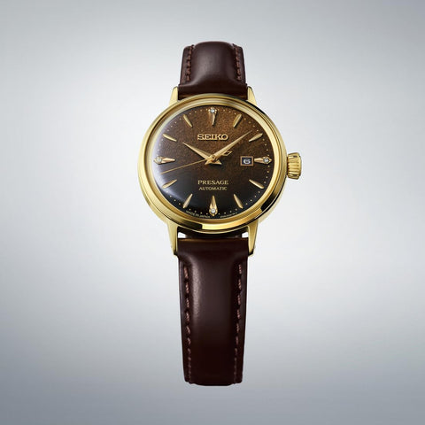 Seiko Watch PRESAGE Cocktail Time, 1.2 inches (30 mm), Mechanical, Automatic Winding, Women's, Case: Yellow Gold / Band: Brown (Cow Leather) / Dial: Brown Gradient (Jamaican Coffee)