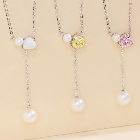 FANCIME Women's Pearl Necklace, Genuine Pearl, 0.3 - 0.3 inches (7.5 - 8 mm), 0.1 - 0.16 inches (4 - 4.5 mm), 2 Tablets, Freshwater Pearls, 12 Months, Birthstone Heart Motif, Y-Shape, Adjustable