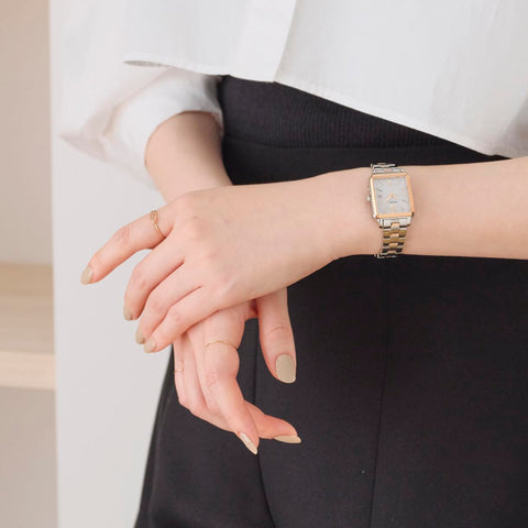 Seiko Selection S-Series Women's Wristwatch, Solar, Angle-type, Case: Silver & Pink Gold, Dial: White, Case Shape: Square