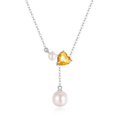 FANCIME Women's Pearl Necklace, Genuine Pearl, 0.3 - 0.3 inches (7.5 - 8 mm), 0.1 - 0.16 inches (4 - 4.5 mm), 2 Tablets, Freshwater Pearls, 12 Months, Birthstone Heart Motif, Y-Shape, Adjustable