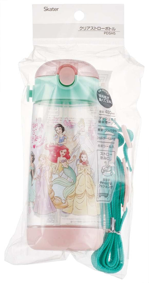 Skater PDSH5 Water Bottle, 16.9 fl oz (480 ml), For Children, Includes Straw, Clear Bottle, Disney Princess, 23 Girls,