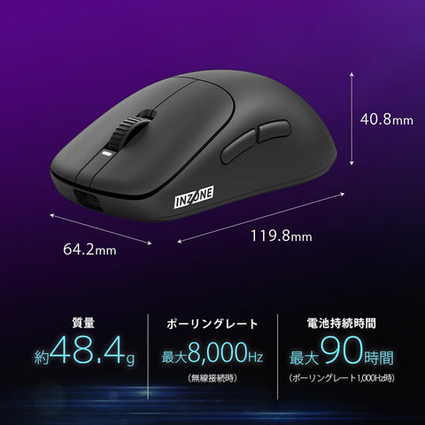 Sony(SONY) 遊戲滑鼠 INZONE Mouse-A :MSE-G500 Fnatic監修/USB Type-C電纜(USB-A - USB-C) 無線加密狗 同捆/輕量 約48.4g / 右撇子左右對稱型/快速充電 / 5分鐘充電 約48.4g / 右撇子左右對稱型/快速充電 / 5分鐘充電可使用約10小時充電