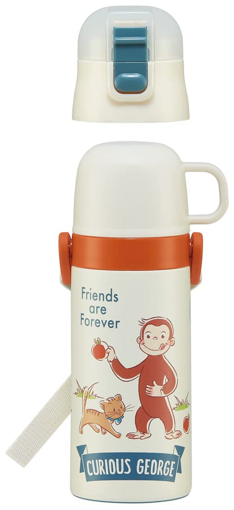 Skater SKCP3-A 2-Way Straw with Cup, Stainless Steel Kids Water Bottle, 11.8 fl oz (350 ml), Curious George, Boys