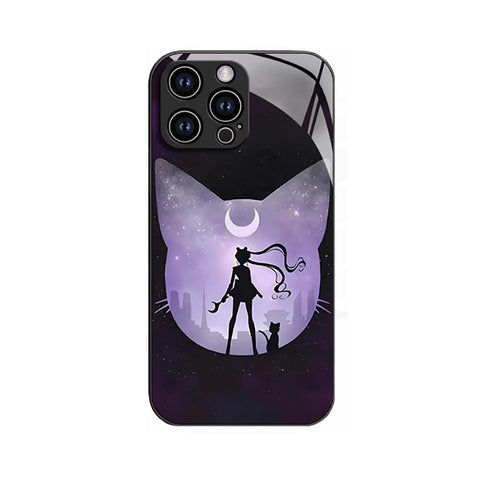 Gsocel iPhone 16 Case, Sailor Moon Tempered Glass Straight Edge Anti-Drop Anti-Fingerprint Easy Care All Inclusive Lens Protection Fashion Cartoon iPhone 16 Case