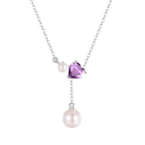FANCIME Women's Pearl Necklace, Genuine Pearl, 0.3 - 0.3 inches (7.5 - 8 mm), 0.1 - 0.16 inches (4 - 4.5 mm), 2 Tablets, Freshwater Pearls, 12 Months, Birthstone Heart Motif, Y-Shape, Adjustable