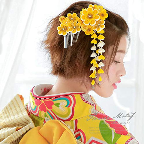 Soubien kaz5534sn-3371 Hair Ornament, Coming-of-Age Ceremony, Graduation Ceremony, 2-Piece Set, Yellow, Plum Blossoms, Wisteria Shade, Pique Rim, Curly Crepe, Knob-crafting, Wedding Kimono