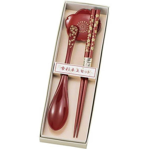 Maeju Lacquerware 1J-838 Food & Chopsticks Rest Set, Sakura, Red