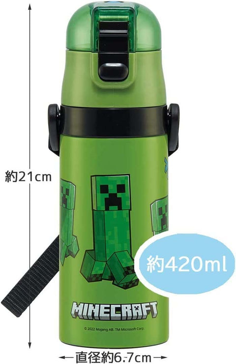 Skater SKDC3-A Children's Stainless Steel Water Bottle, 2-Way Direct Drinking, 14.2 fl oz (420 ml), Cup Drinking, 11.8 fl oz (350 ml), Minecraft, Lightweight Type, For Boys, Heat Retention, Cold