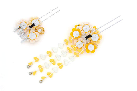 Soubien kaz5534sn-3371 Hair Ornament, Coming-of-Age Ceremony, Graduation Ceremony, 2-Piece Set, Yellow, Plum Blossoms, Wisteria Shade, Pique Rim, Curly Crepe, Knob-crafting, Wedding Kimono