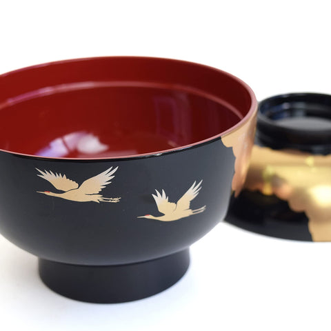 3T-423 Maeju Lacquerware Zoni Bowl with Lid, Bright, Black Vermilion, Crane, Phopite, Large, 15.9 fl oz (450 ml), Traditional Crafts, Yamanaka Lacquerware, Made in Japan