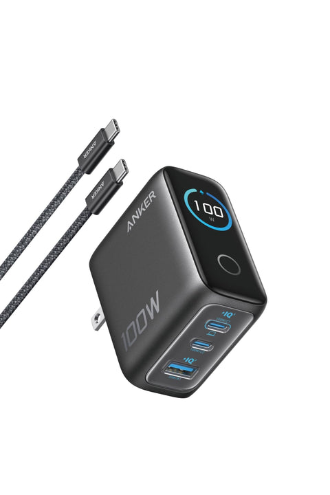 Anker Charger (100W, 3 Ports) with USB-C & USB-C Cable, Dark Gray