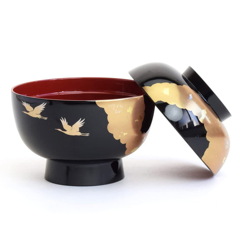 3T-423 Maeju Lacquerware Zoni Bowl with Lid, Bright, Black Vermilion, Crane, Phopite, Large, 15.9 fl oz (450 ml), Traditional Crafts, Yamanaka Lacquerware, Made in Japan