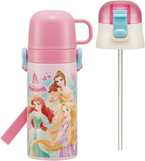Skater SKCP3-A 2-Way Straw with Cup, Stainless Steel Kids Water Bottle, 11.8 fl oz (350 ml), Disney Princess, 22 Girls,