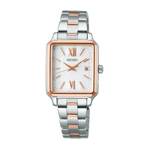 Seiko 精工手錶 精工 精選 S系列 女士太陽能電波 方形, 錶殼:銀&玫瑰金,錶盤:白色, 錶殼形狀:方形