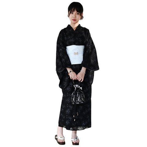 [HOHO AYUMU] 两部式浴衣 女士 分体式 白色和黑色两色 欧根纱花纹 女士浴衣套装 均码 羽织·吊带连衣裙 简单穿着 舒适的触感 夏装 节日 烟花大会