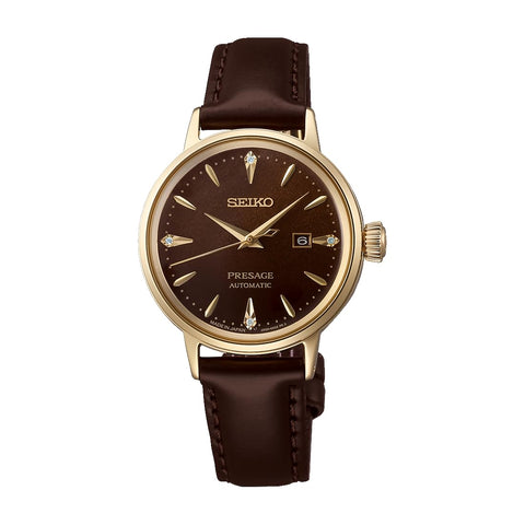 Seiko Watch PRESAGE Cocktail Time, 1.2 inches (30 mm), Mechanical, Automatic Winding, Women's, Case: Yellow Gold / Band: Brown (Cow Leather) / Dial: Brown Gradient (Jamaican Coffee)