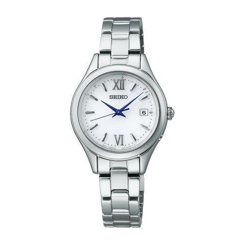 Seiko Selection S-Series Wristwatch, Women's Solar Radio, Round Face, Case: Silver, Dial: White (Blue Hand), Case Shape: Round