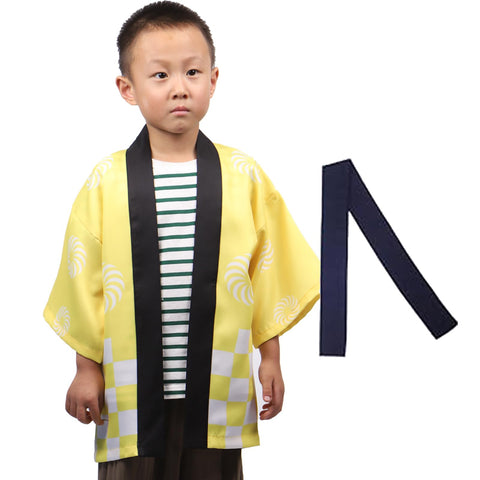 [TOuWA] 法被 はっぴ ハッピ 子供用 祭 腰ひも 秋祭り 学校イベント 行事 コスプレ 衣装 お土産 プレゼント つなぎ柄 2点セット (お祭り法被、帯)