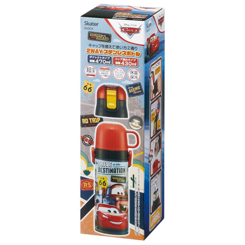 Skater SKDC4-A Children's Friendly, Lightweight, Stainless Steel, 2-Way Water Bottle, 15.2 fl oz (430 ml), Disney Cars 24, For Kids, Direct Drinking, Cup Included, Stainless Steel