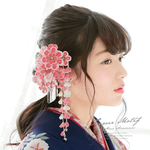 Soubien kaz5534sn-3371 Hair Ornament, Coming-of-Age Ceremony, Graduation Ceremony, 2-Piece Set, Yellow, Plum Blossoms, Wisteria Shade, Pique Rim, Curly Crepe, Knob-crafting, Wedding Kimono