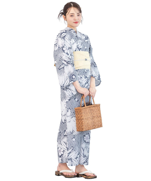 Soubien Floro Women's Yukata Set of 4 Pieces, Separate, New Two-Part Yukata (Yukata, Half-width Obi, Date Tightening, Geta Clogs)