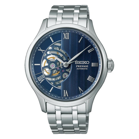 Seiko Presage Japanese Garden Open Heart Men's Watch, Dial: Navy (skeleton dial), Bracelet Type