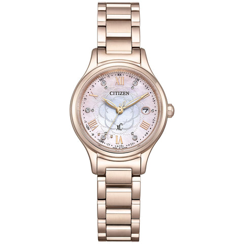 [CITIZEN] 腕時計 xC 電波時計 限定 ダイヤモンド 白蝶貝 防水 軽量 サクラピンク カメリア(椿)モチーフ 光発電エコ・ドライブ サファイアガラス ギフト ビジネス アナログ 秒針 電波ソーラー ES9498-69N レディース