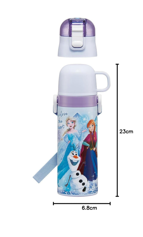 Skater SKDC4 Children's Stainless Steel Water Bottle, 2-Way Direct Drinking, 16.5 fl oz (470 ml), Cup Drinking, 15.2 fl oz (430 ml), Kid-friendly Lightweight Type, Disney Frozen 25 Girls, Thermal,