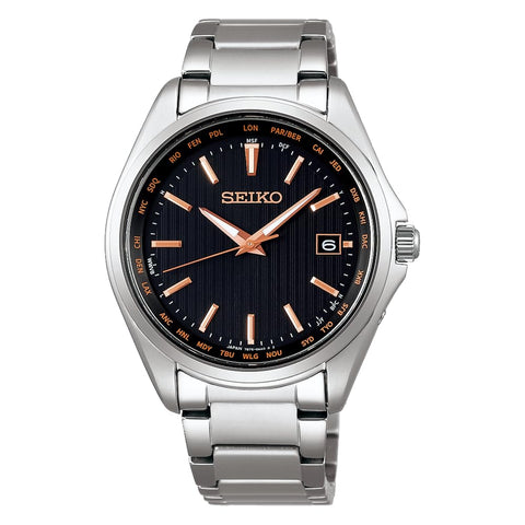 Seiko Selection Men's Wristwatch, Titanium Solar Radio, World Time Function, silver/black and pink gold, 1 piece, Metal band (pure titanium)