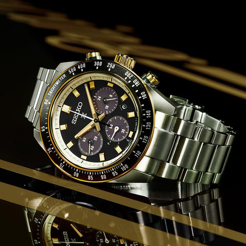 Seiko 精工手表 Prospex SPEEDTIMER 太阳能计时码表 Large, 表壳:银色&金色/表盘:黑色, 手链类型