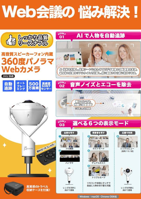 j5create 360​​° AI功能 會議 全景網路攝影機 會議室攝影機 全指向性麥克風×2 3W揚聲器 1080p30fps 500萬像素 左右反轉功能 自動追蹤 自動對焦 6個螢幕類型模式 隨附遙控器 Skype/Zoom/Teams等 Windows/macOS/COome對應