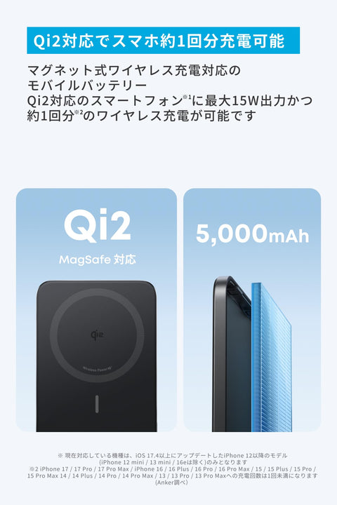 Anker Nano Power Bank (5000mAh, MagGo, Slim) Qi2認証 ワイヤレス充電 最大出力15W MagSafe対応 マグネット式ワイヤレス充電対応 コンパクト 薄型 8.6mm 小型 iPhone 17 / 16 / 15シリーズ / Air 対応 (ブラック)