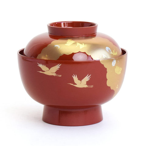 まえじゅう漆器 雑煮椀 お椀 お雑煮 蓋付き 光輝 朱 赤 鶴 金雲母 赤 大きめ 450ml 伝統工芸 山中漆器 日本製 3T-422