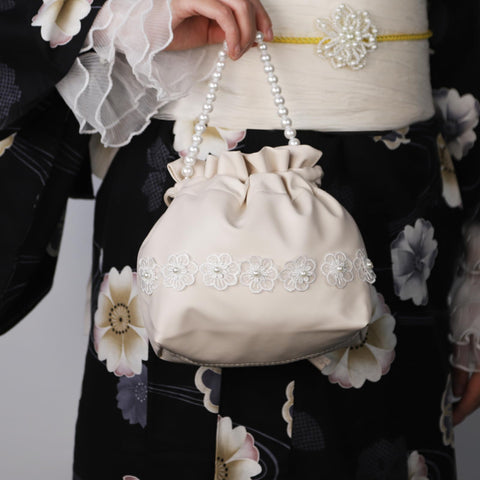 TOuWA Women's Drawstring Bag, Pearl, Floral Pattern, Handle, Hakama, Yukata Clothing, Furisode, Kimono, Clothes, Coming-of-Age Ceremonies, Graduation Ceremonies, Flower Viewing, Fireworks Displays,