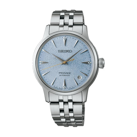 Seiko Presage Cocktail Time 1.3 inches (34 mm) Mechanical Automatic Winding (Hand Winding Included) for Women, light blue (frozen skydiving), Bracelet Type
