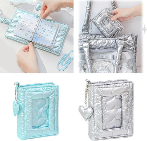 Sticker Book Binder Sticker Mat Cute Bon Drop Stickers Binder M5 Size Binder Card Pocket with Leather Ring Heart Shaped Cotton Filled Fluffy Soft Meeting Notebook Folder Card Sleeve (Blue)