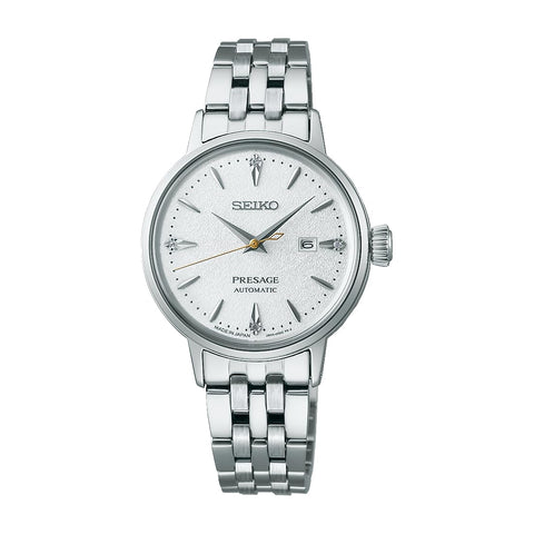 Seiko Watch PRESAGE Cocktail Time, 1.2 inches (30 mm), Mechanical, Automatic Winding, Women's, Case / Band: Silver / Dial: White (Hot Butter Drum Cow)