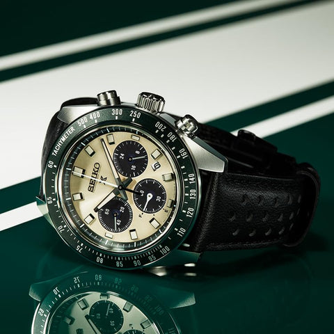 Seiko 精工手表 Prospex SPEEDTIMER 太阳能计时码表 Large, 表壳:银/表盘:奶油色/表带:黑色(小牛皮)