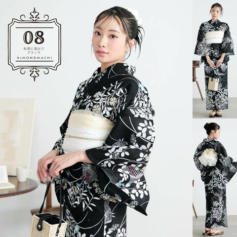 KIMONOMACHI Original Women's Yukata, 2-Piece Set, 2-Piece Yukata + Wrinkled Belt, F Size, Cotton, Adult, Cute, Retro, Modern, Cute, Unique, Fireworks Display, Summer Festival, Women's Yukata