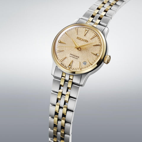 Seiko Presage Cocktail Time 1.3 inches (34 mm) Mechanical Automatic Winding (Hand Winding Included) for Women, light yellow (frozen banana daiquiri), Bracelet Type