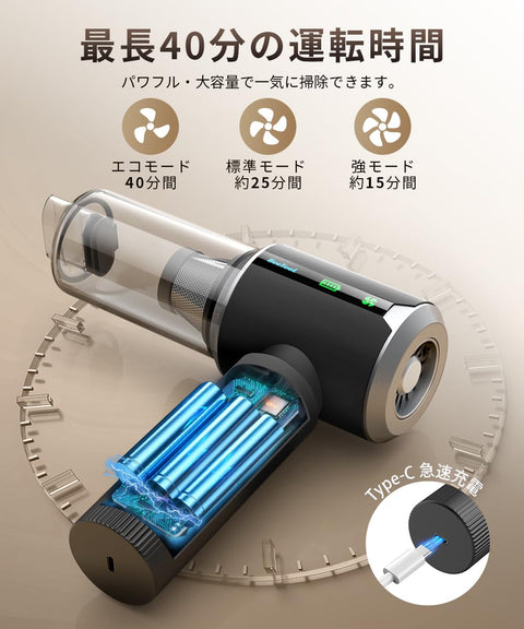 BeeTool 手持式清潔器 多功能 【3種吸引模式與顯示器】40000Pa 令人驚訝的吸力 車用吸塵器 無線 吹起/吸入/充氣/放氣 手持式吸塵器 強力吸引 帶保護裝置 快速充電 長時間運行 低噪音 輕量 乾濕用車用 家庭保固 20002 用小型充電器/
