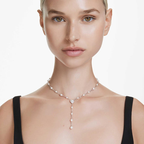 【公式】【スワロフスキー】 Ariana Grande x シルバーネックレス Y字 ハート ミックスカット ホワイトクリスタル パール 短め 48 cm